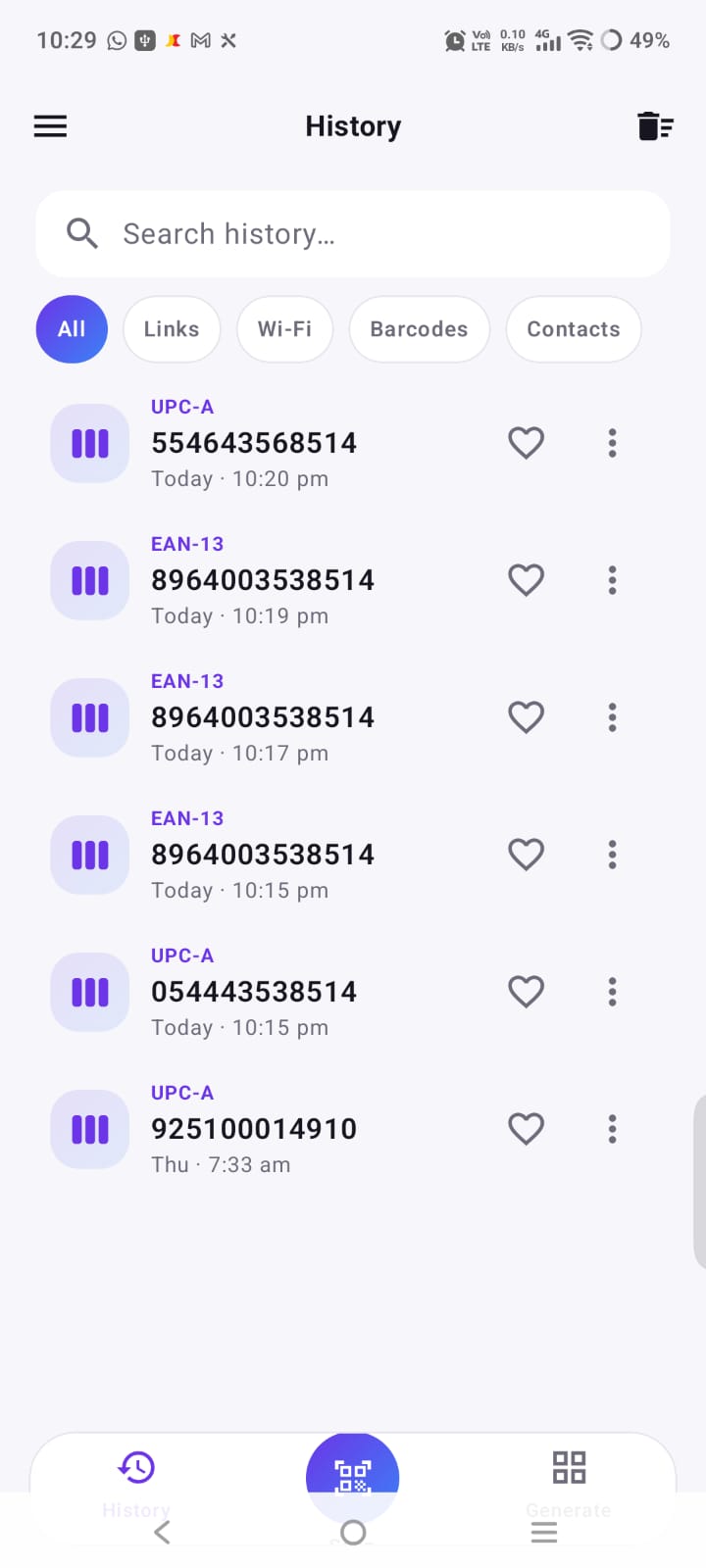 Android scan history grouped by type, with search and favorites