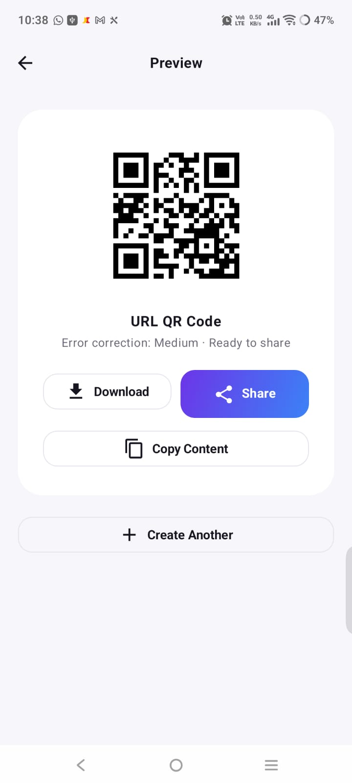 Android generated QR code preview with download, share and copy actions