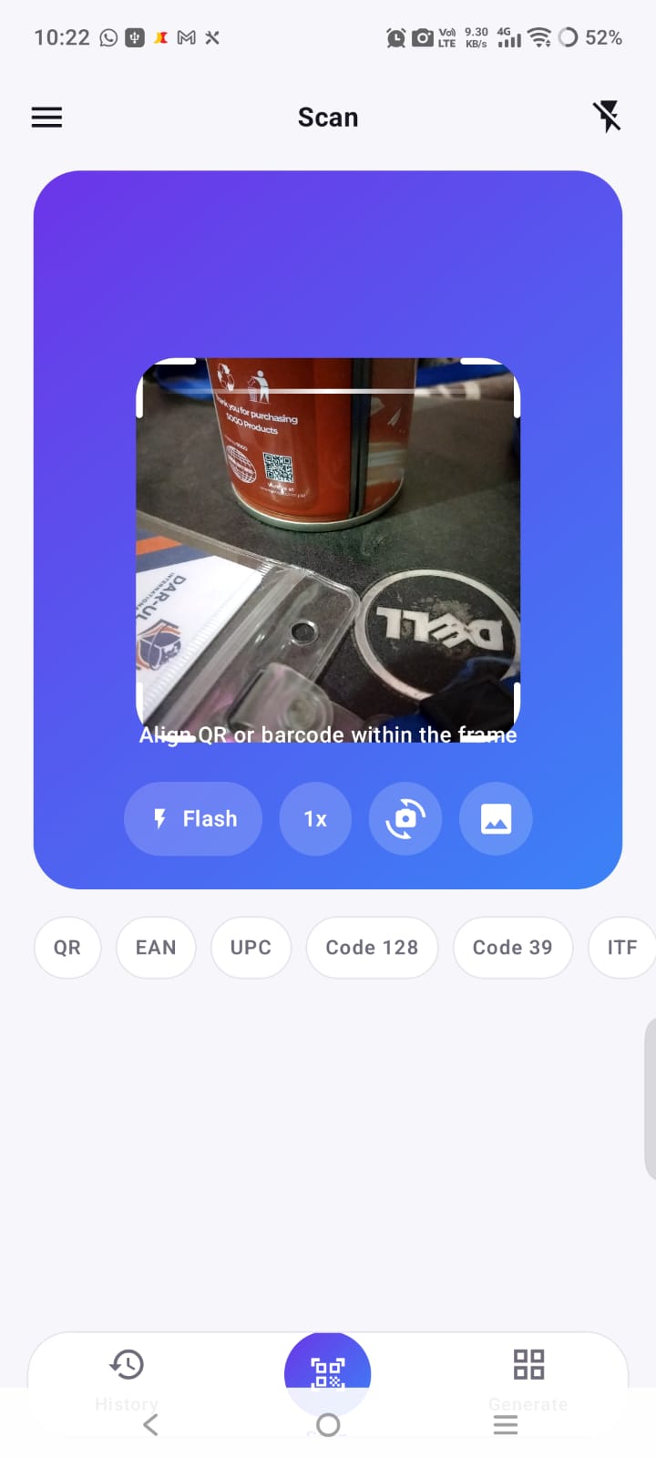 Panther Barcode Reader for Android: the camera scan screen with QR, EAN, UPC and Code 128 format filters
