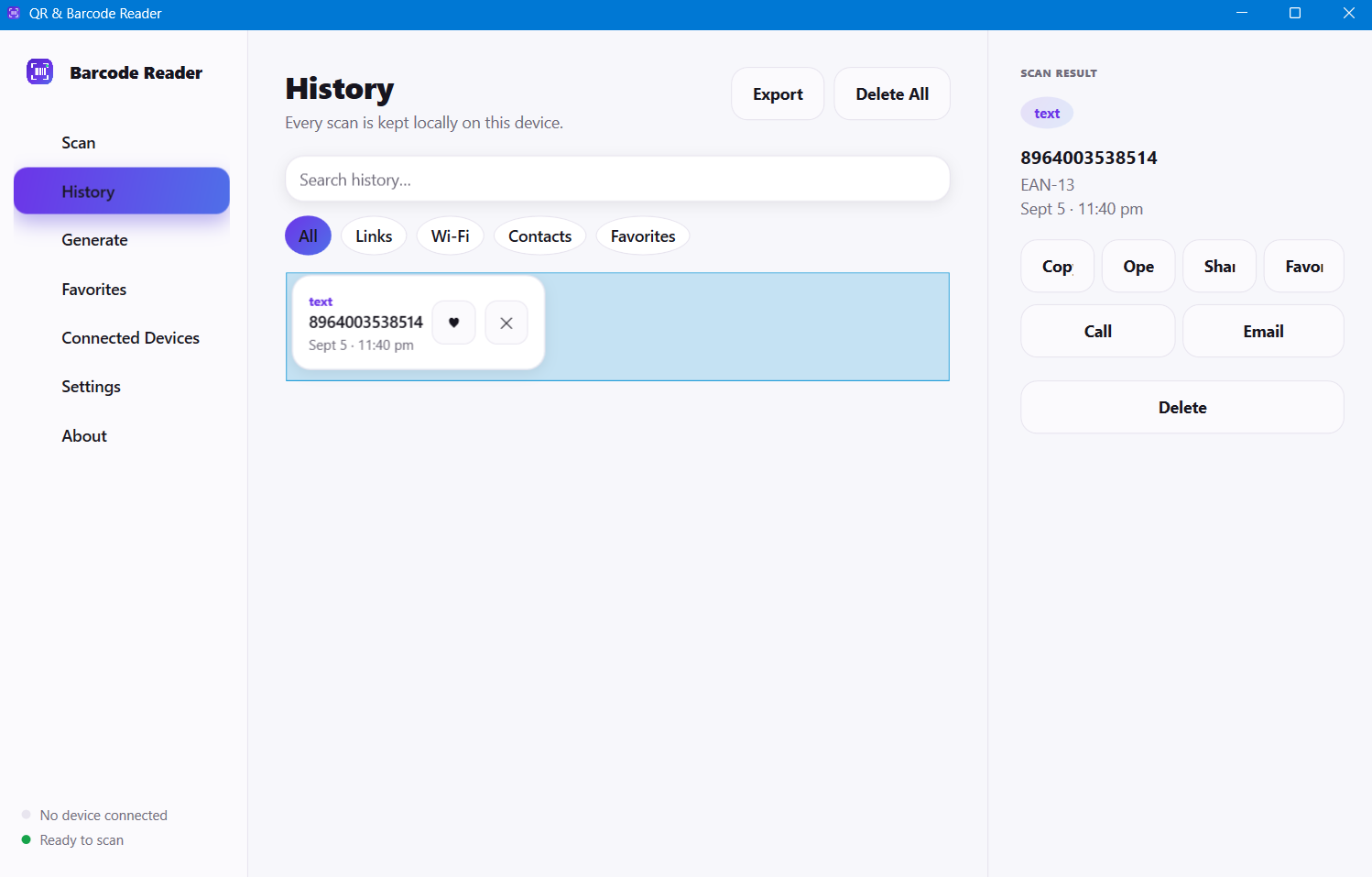 Panther Barcode Reader for Windows: the History view with a scan result panel, search, and category filters